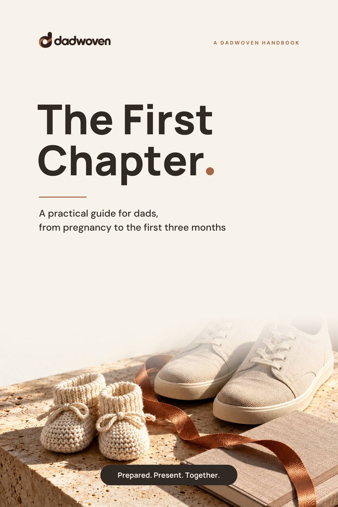Cover of The First Chapter. It reads: The First Chapter, a practical guide for dads, from pregnancy to three months. The picture is a wooden cot in warm light.