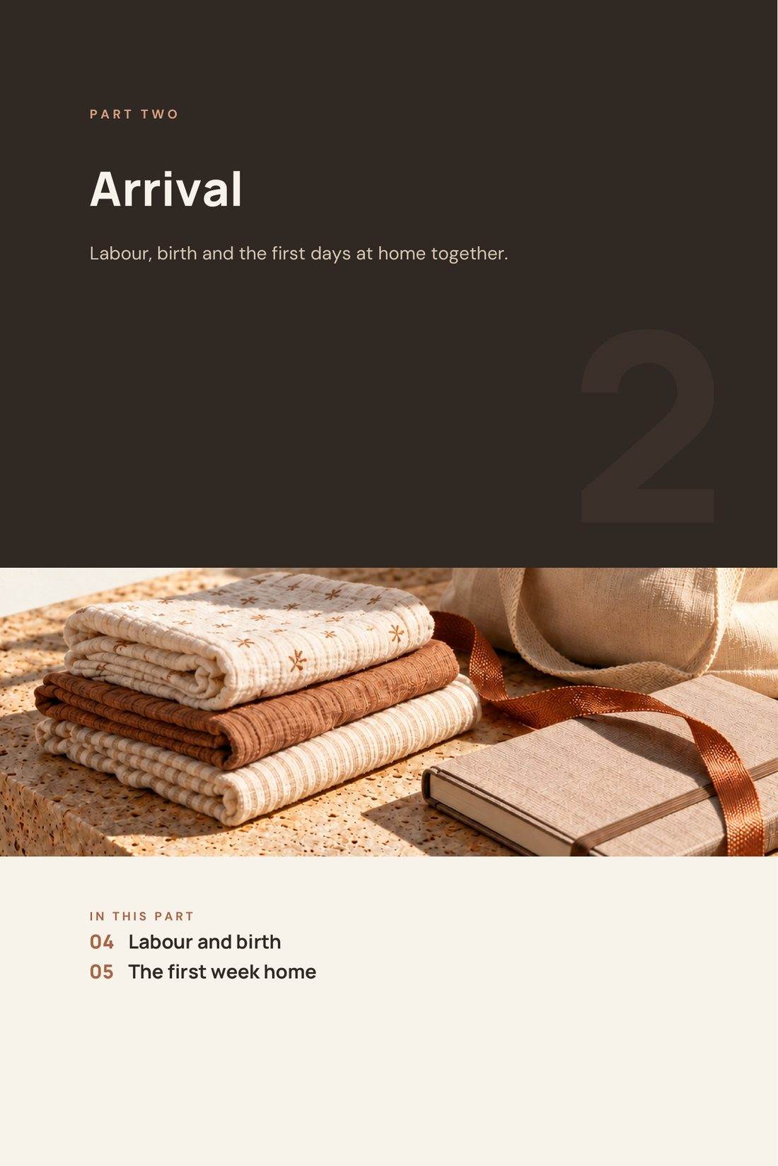 A divider page titled The birth and the first days. It says: You are part of this. Here is how to be useful, and what the first days are actually like.