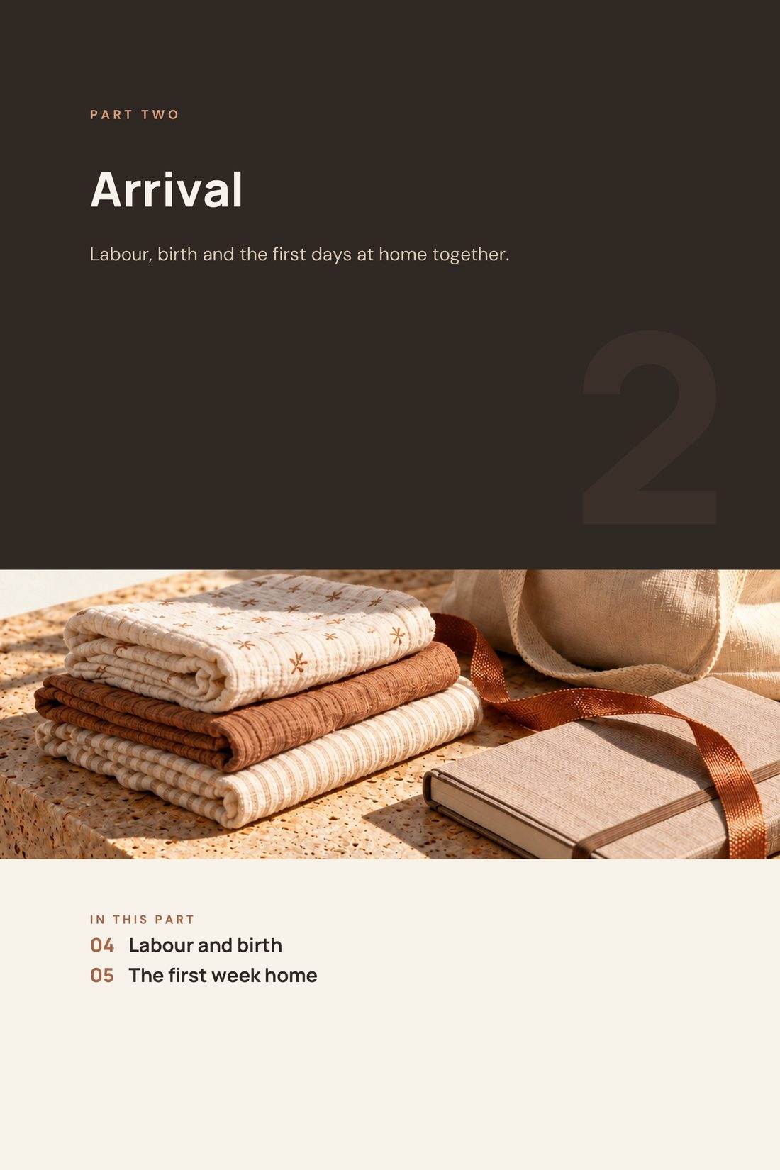 A page titled The early weeks at home, with sections on feeding, sleep, crying and comfort, and when to call for help.